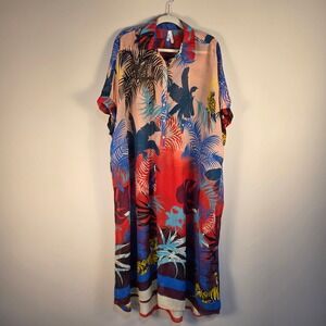 Truth NYC Tropical Jungle Print Caftan Dress Tiger Parrot Toucan OS Maxi